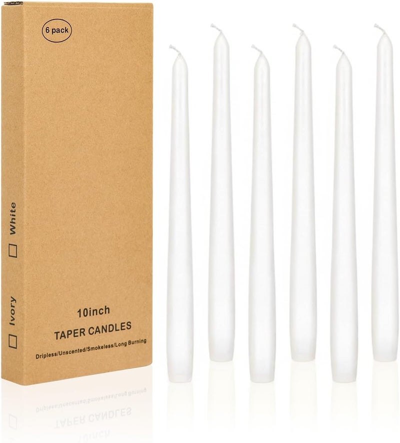 Ksefsy Ksefey Pure White 10 Inch Taper Candles-Pack of 6 Classic Candles - Dripless,Scentless and Long Burning Time-Perfect for Wedding,Dinner,Party and Home Decor - Image 1